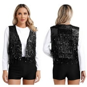 YIZYIF Womens All Sparkling Sequins Vest Halloween Circus Costume Sleeveless Tassels Carnival Performance Tops Black M